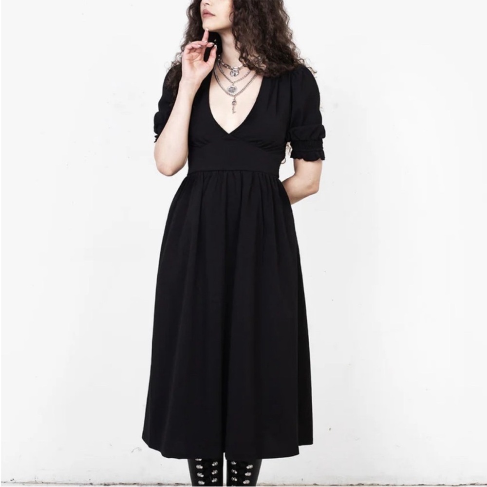 Disturbia Black Midi Dress with Puff Sleeves
